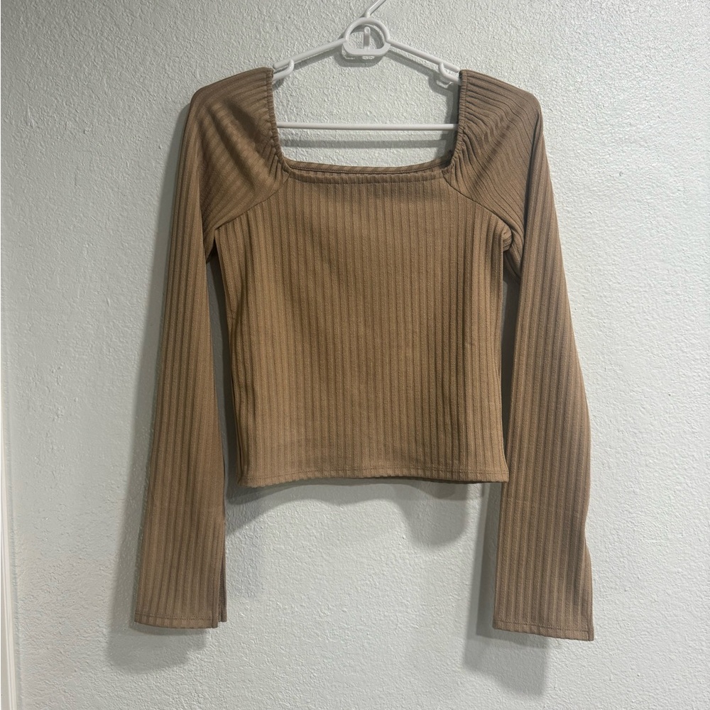 Madewell NWT Brown Ribbed Long Flare Sleeve Top